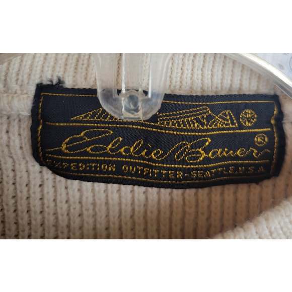 Vtg 80s 90s Eddie Bauer Sweater Off White Henley Knit Pullover Men's Size Large - Picture 2 of 10